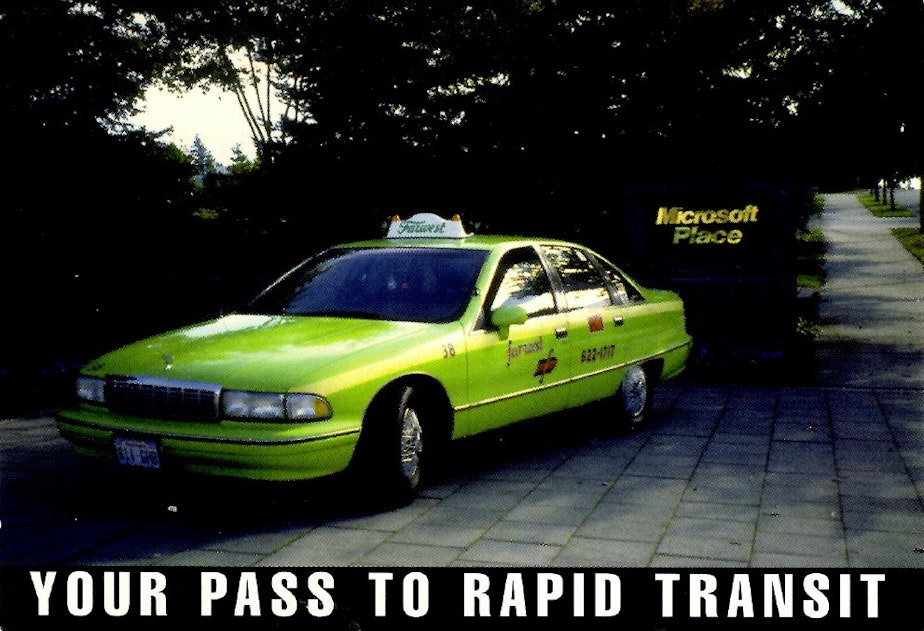 caption: In an advertisement dating back to sometime before the arrival of Uber in Seattle, Farwest Taxi markets its services to Microsoft employees... who might otherwise be tempted to take the bus.