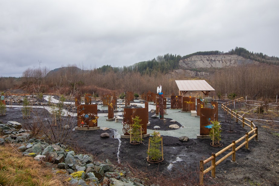caption: A portion of the 'Slide Memorial' is shown ahead of the 10-year anniversary of the single deadliest landslide in U.S. history, the Oso Landslide. 