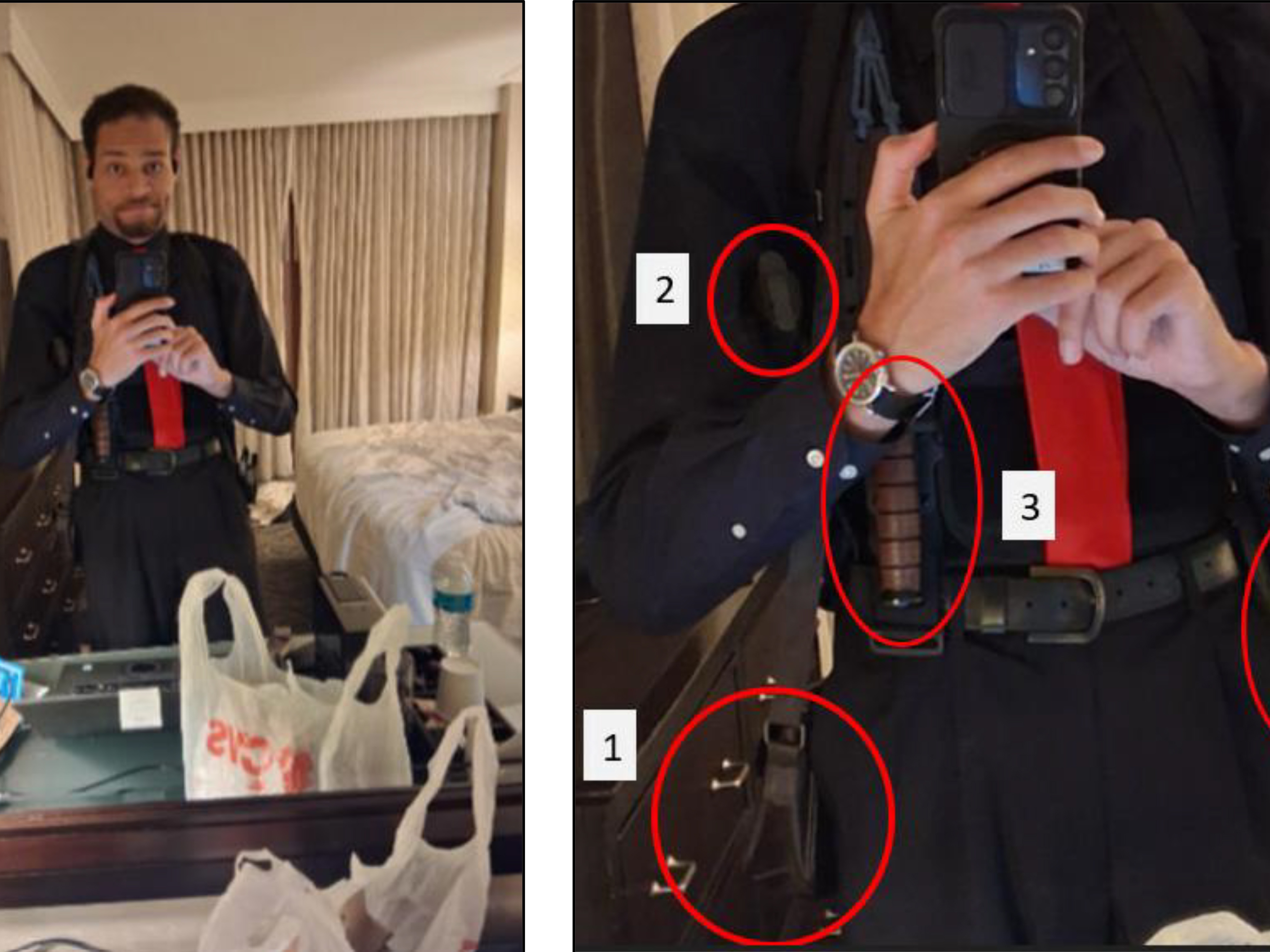 caption: This image contained in a court filing by the Department of Justice, April 29, 2026, shows Cole Tomas Allen, left,  inside his hotel room, on Saturday, April 25, 2026 in Washington, using his cellphone to take a photograph of himself in the mirror. An enhanced version of the image is right.