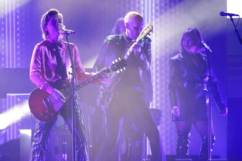 caption: Brandi Carlile performs "Broken Horses" on stage at the 65th annual Grammy Awards on Sunday, Feb. 5, 2023, in Los Angeles.