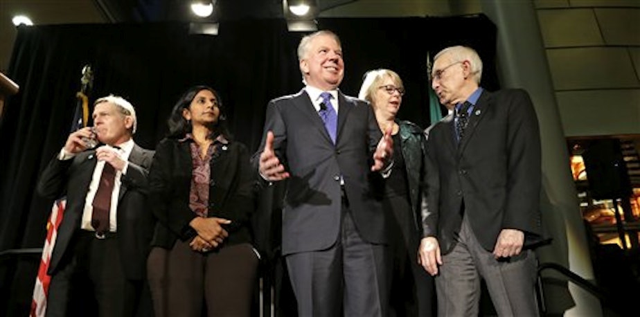caption: Mayor Ed Murray with members of the Seattle City Council shortly after last fall's election. 