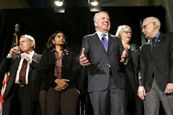 caption: Mayor Ed Murray with members of the Seattle City Council shortly after last fall's election. 