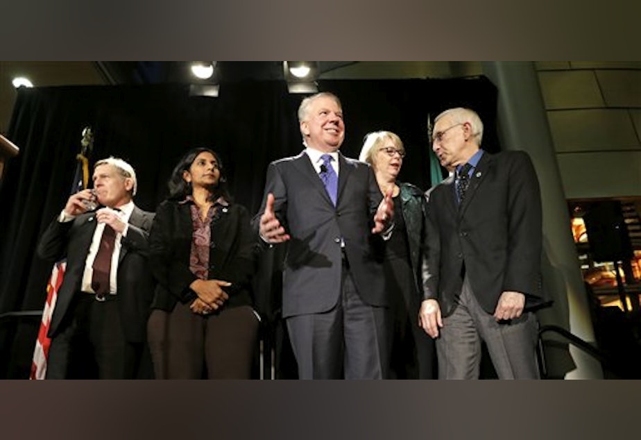 caption: Mayor Ed Murray with members of the Seattle City Council shortly after last fall's election. 