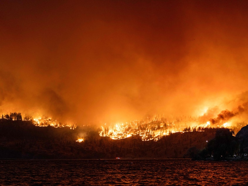 caption: The McDougall Creek wildfire burns in the hills West Kelowna, British Columbia, Canada, on Thursday as seen from Kelowna.