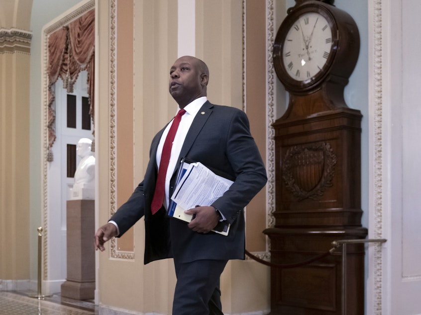 caption: Sen. Tim Scott, R-S.C., is heading up a working group to draft a legislative response for Senate Republicans on issues of racial discrimination that have become more prominent since George Floyd's killing.