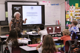 caption: For 20 years, Judy Kusakabe has spoken to dozens of classrooms across Washington about her family's experience living in Japanese internment camps during World War II. On May 19, she spoke to a fourth grade classroom at West Mercer Elementary on Mercer Island.