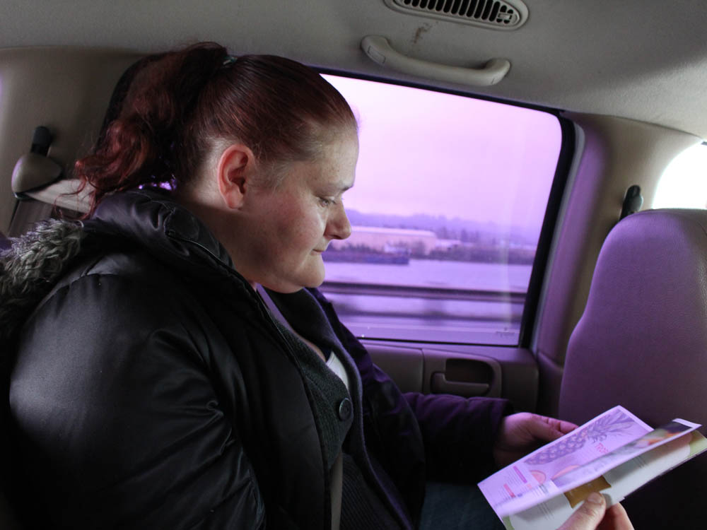 caption: Jamie Heidenreich rides back to Hoquiam after getting methadone treatment in Olympia, Wash. It's an hour each way.