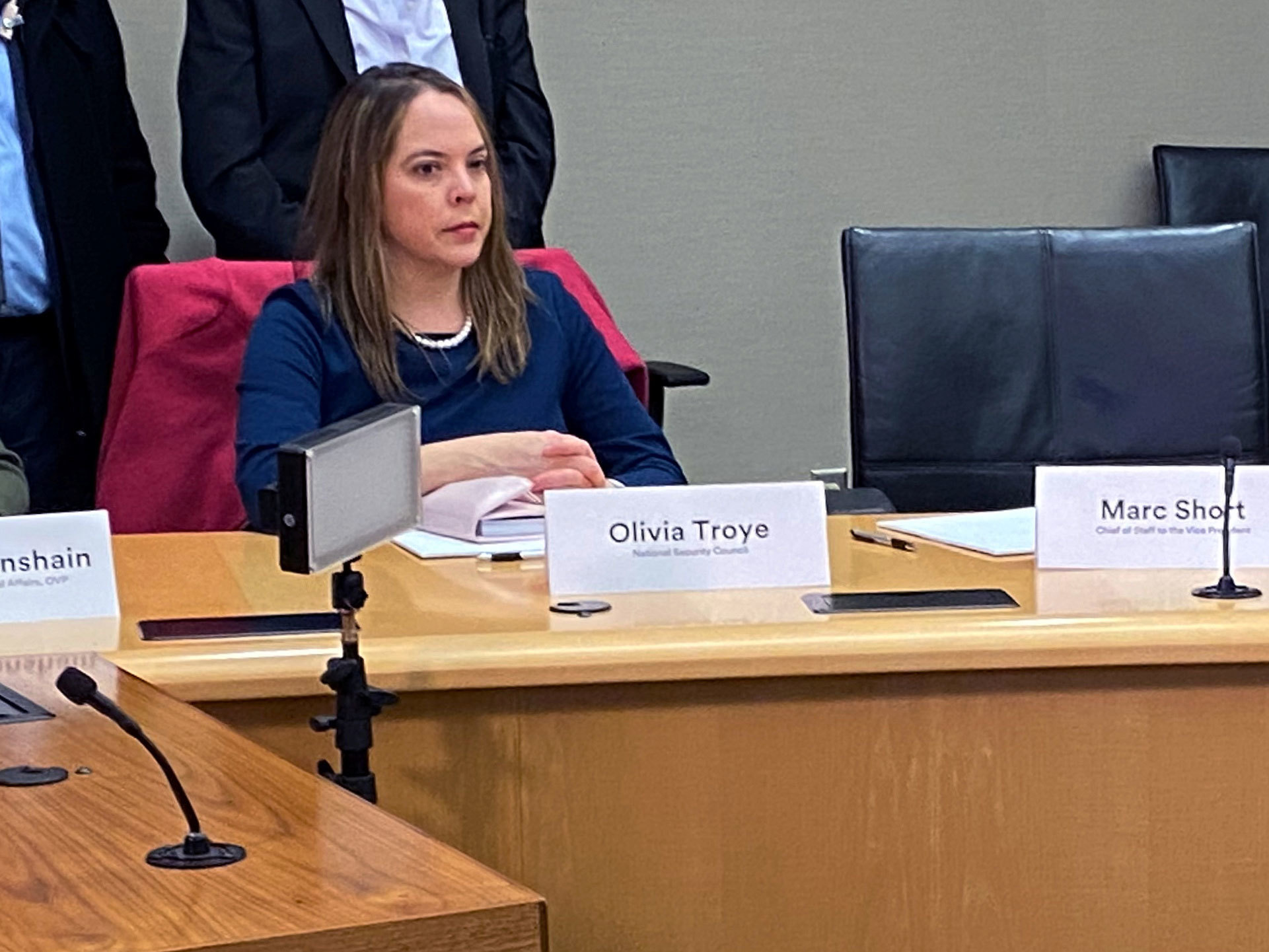caption: Olivia Troye, U.S. Vice President Mike Pence's top coronavirus advisor at the time, participates in a coronavirus disease briefing event with the Vice President at 3M's company headquarters in Maplewood, Minn. in March.