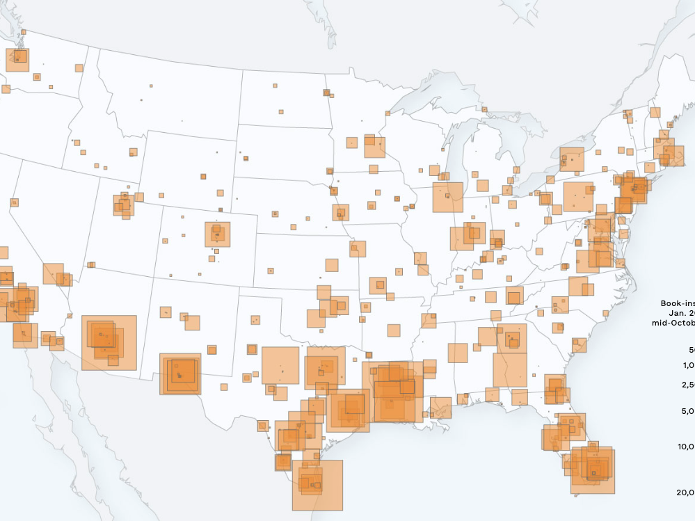 caption: This map, created with overnment data provided by ICE in response to a FOIA request by the <a href="https://deportationdata.org/">Deportation Data Project</a> and analyzed by NPR, shows book-ins at facilities across the country between Jan. 20 and mid-October 2025.