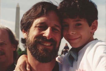 caption: Alan Stepakoff with his son, Josh, in Washington, D.C., for the Million Mom March rally in May 2000, the year after Josh was shot at his Jewish day camp.