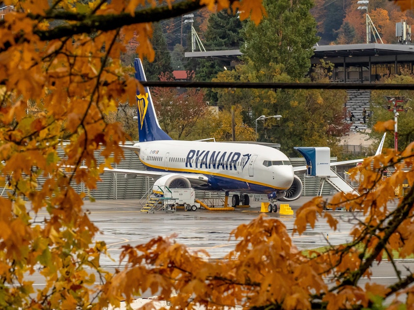 caption: A Boeing 737 MAX aircraft owned by Ryanair parked at Boeing's Renton, Washington factory in October. All 737 Max planes remain officially "grounded" worldwide.