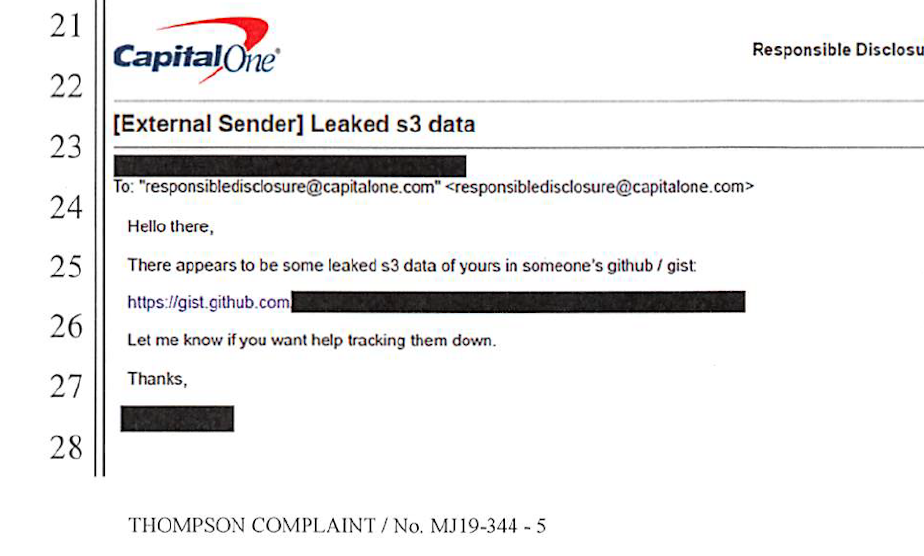 caption: A screen grab from a federal complaint shows the email that tipped off Capital One to the theft.