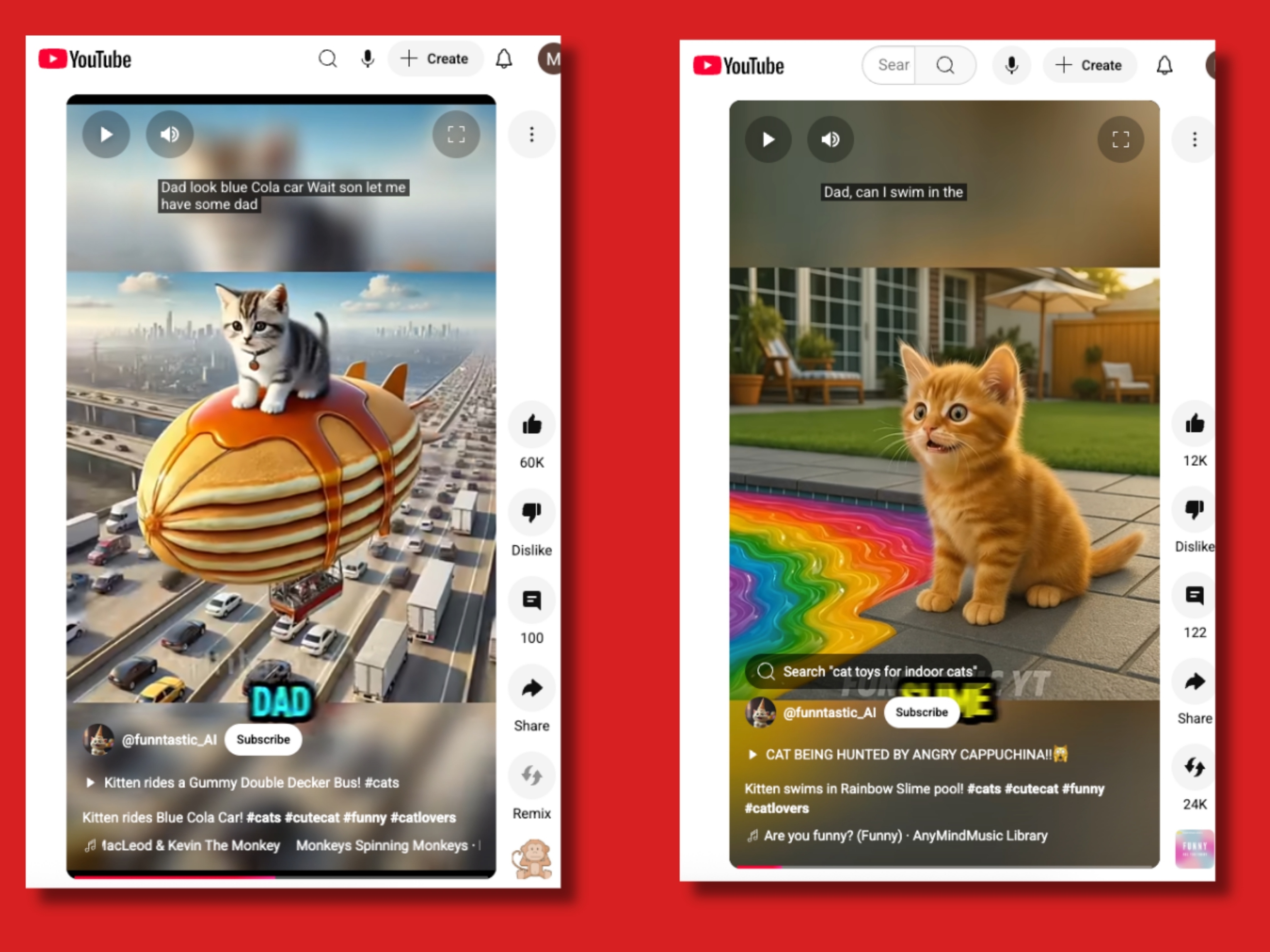 caption: Screenshots of two videos about an adventurous kitten created by Mark Lawrence I Garilao using generative AI for his "FUNTASTIC YT" YouTube channel.