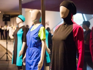 caption: A burkini (right) and a culotte swimmer (center) are on display in the Cherchez la Femme (Look for the Woman) exhibition in the Jewish Museum in Berlin, Germany, on March 30, 2017.
