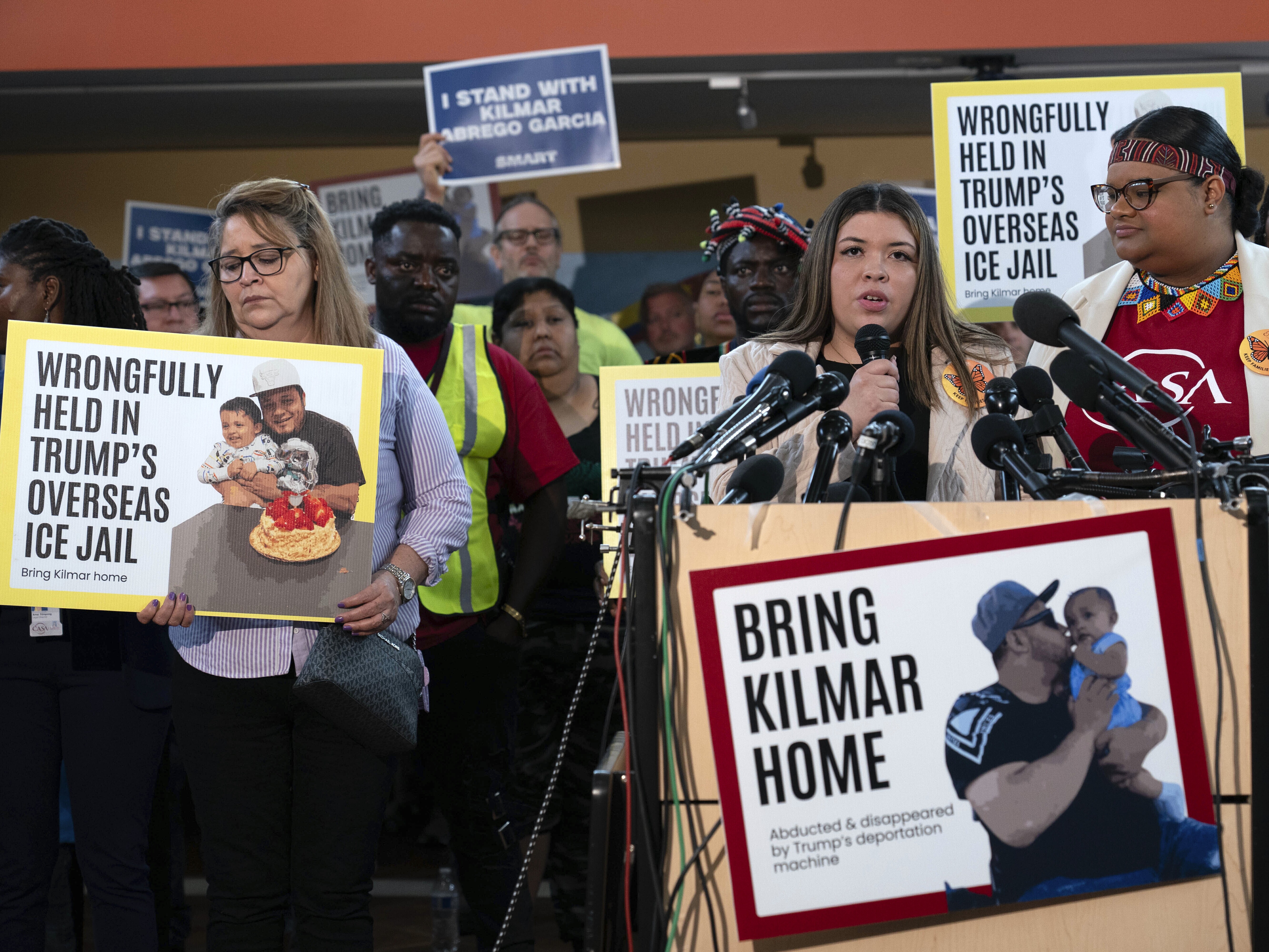 caption: Jennifer Vasquez Sura speaks during an April 4 news conference at CASA's Multicultural Center in Hyattsville, Md., after her husband, Kilmar Abrego Garcia, was mistakenly deported to El Salvador.
