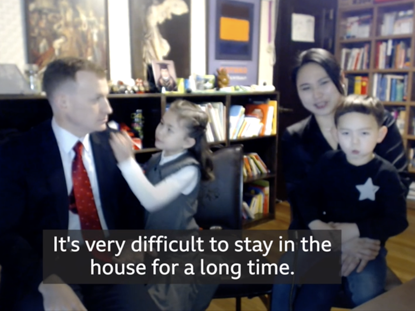 caption: Professor Robert Kelly, his wife, Kim Jung-A, and their children Marion and James spoke to the BBC about the challenge of balancing work and family life during the coronavirus crisis.
