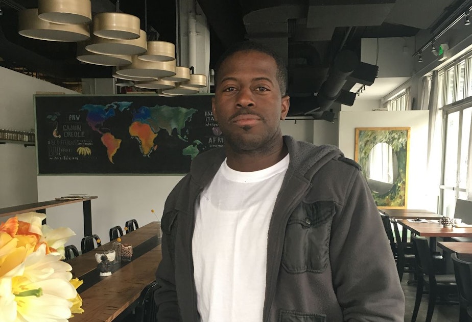 caption: Seattle chef Edouardo Jordan at his restaurant in Ravenna, Salare.