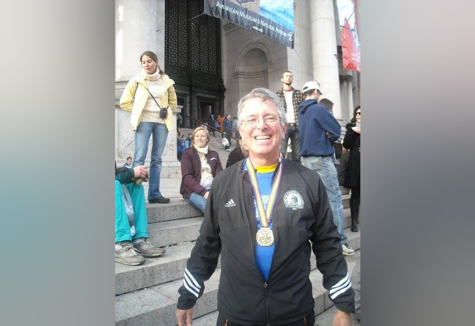 caption: Larry Parker at the New York City Marathon. 