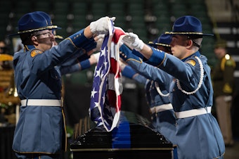 caption: Washington State Patrol Trooper Christopher Gadd was laid to rest following a memorial service on Tuesday, March 12, 2024 in Everett, Washington. 
