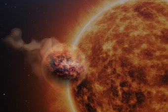 caption: An artistic depiction of the planet WASP-107b. Observations by the James Webb Space Telescope suggest this hot gas giant has clouds made of sand.