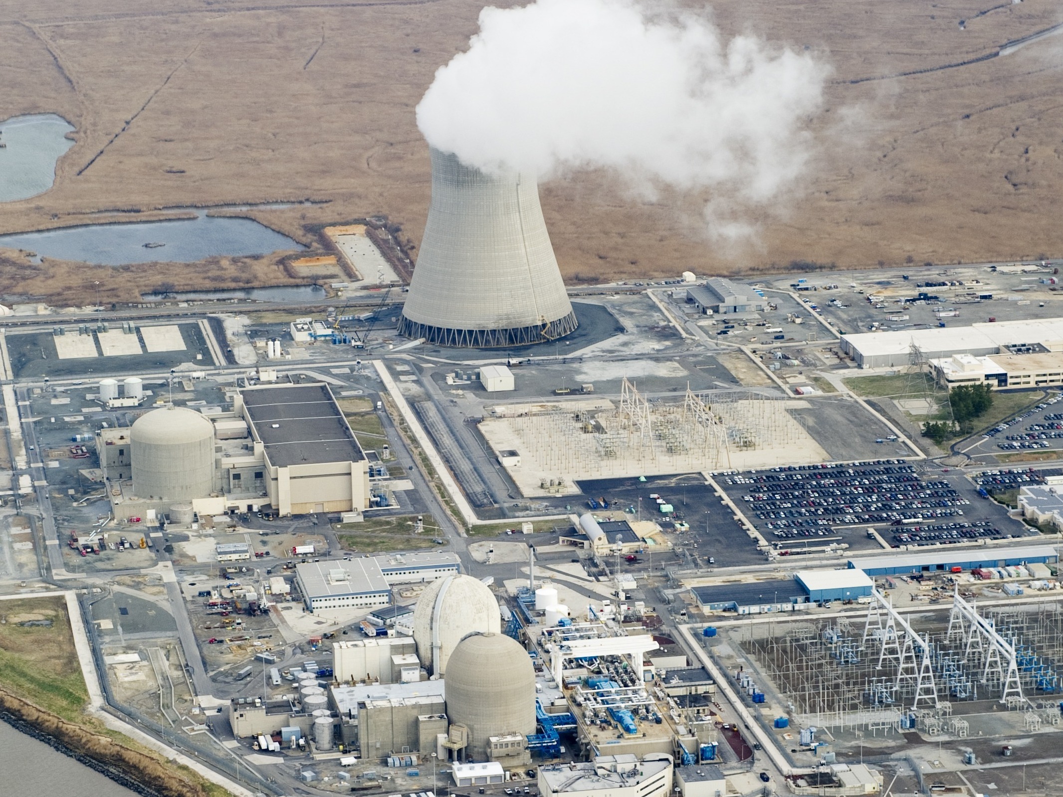 caption: An aerial view of the Salem Nuclear Power Plant and Hope Creek Nuclear Generating Station situated on the Delaware River in Lower Alloways Township, New Jersey.