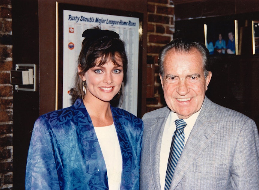 caption: Former President Richard Nixon poses with a woman described as “Keith Hernadez’s girlfriend, I can’t remember her name,” said Mike Endicott, former Secret Service agent. “I believe she was a model or something like that.” She bears striking resemblance to Joan Severance, who purportedly dated Hernandez, a Major League baseball player.