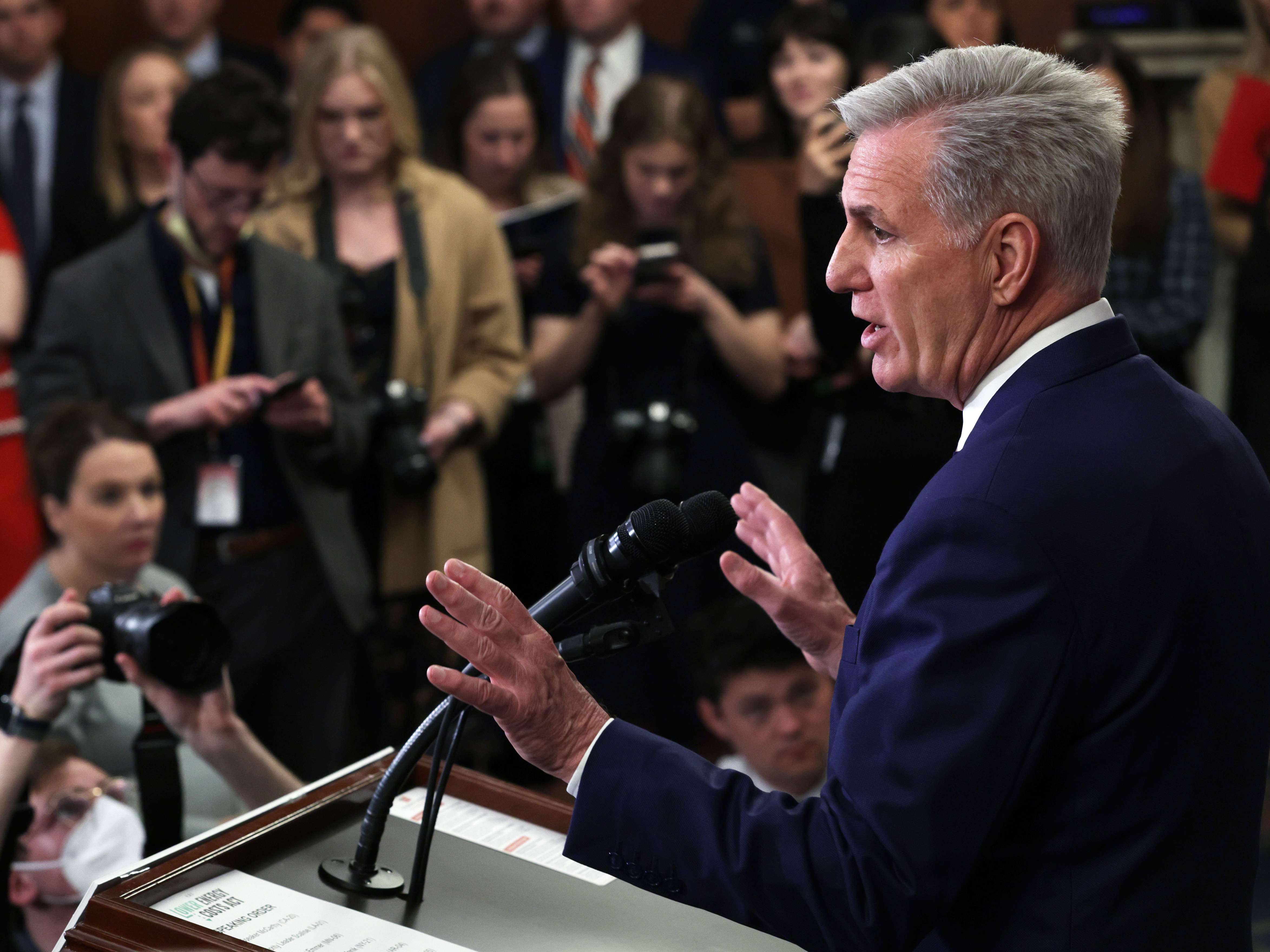 caption: Speaker of the House Kevin McCarthy speaks to members of the press after the vote for the Lower Energy Costs Act at the U.S. Capitol on March 30.