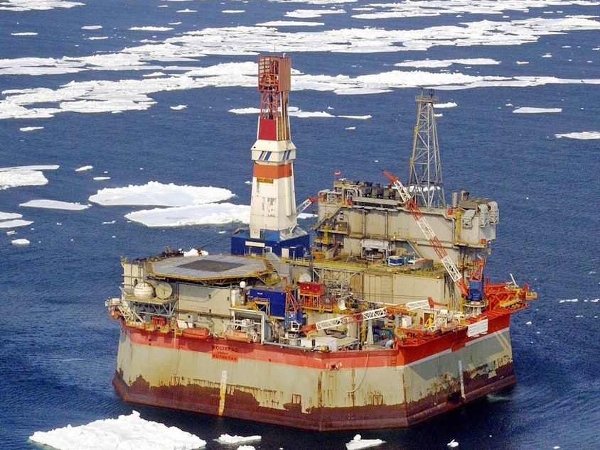 caption: The Molikpaq offshore oil platform stands off Sakhalin island in far eastern Russia in 2003. Exxon has operated the project since 1995, but announced it is "developing steps to exit" the venture in the wake of Russia's invasion of Ukraine.