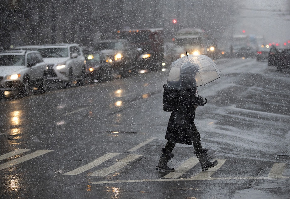 A pedestrian crosses 1st Avenue on Friday, February 8, 2019, as snow falls in downtown in Seattle.