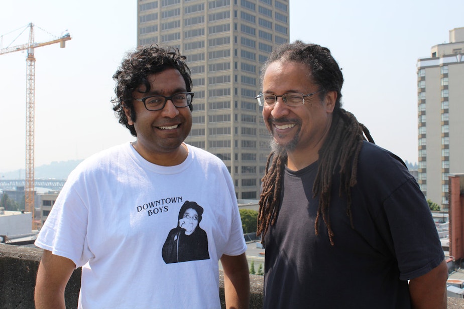 caption: Comedians Hari Kondabolu, left, and Dwayne Kennedy, right.