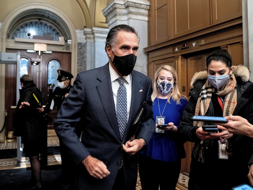 caption: Republican Sen. Mitt Romney arrives at the Capitol for the fifth day of the second impeachment trial of former President Donald Trump on Saturday. Romney was one of the seven GOP senators who voted to convict.