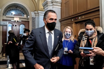 caption: Republican Sen. Mitt Romney arrives at the Capitol for the fifth day of the second impeachment trial of former President Donald Trump on Saturday. Romney was one of the seven GOP senators who voted to convict.