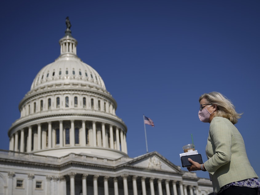 caption: Rep. Liz Cheney of Wyoming, seen here outside the U.S. Capitol on March 11, has been removed from a House leadership role. She beat back an effort in February.