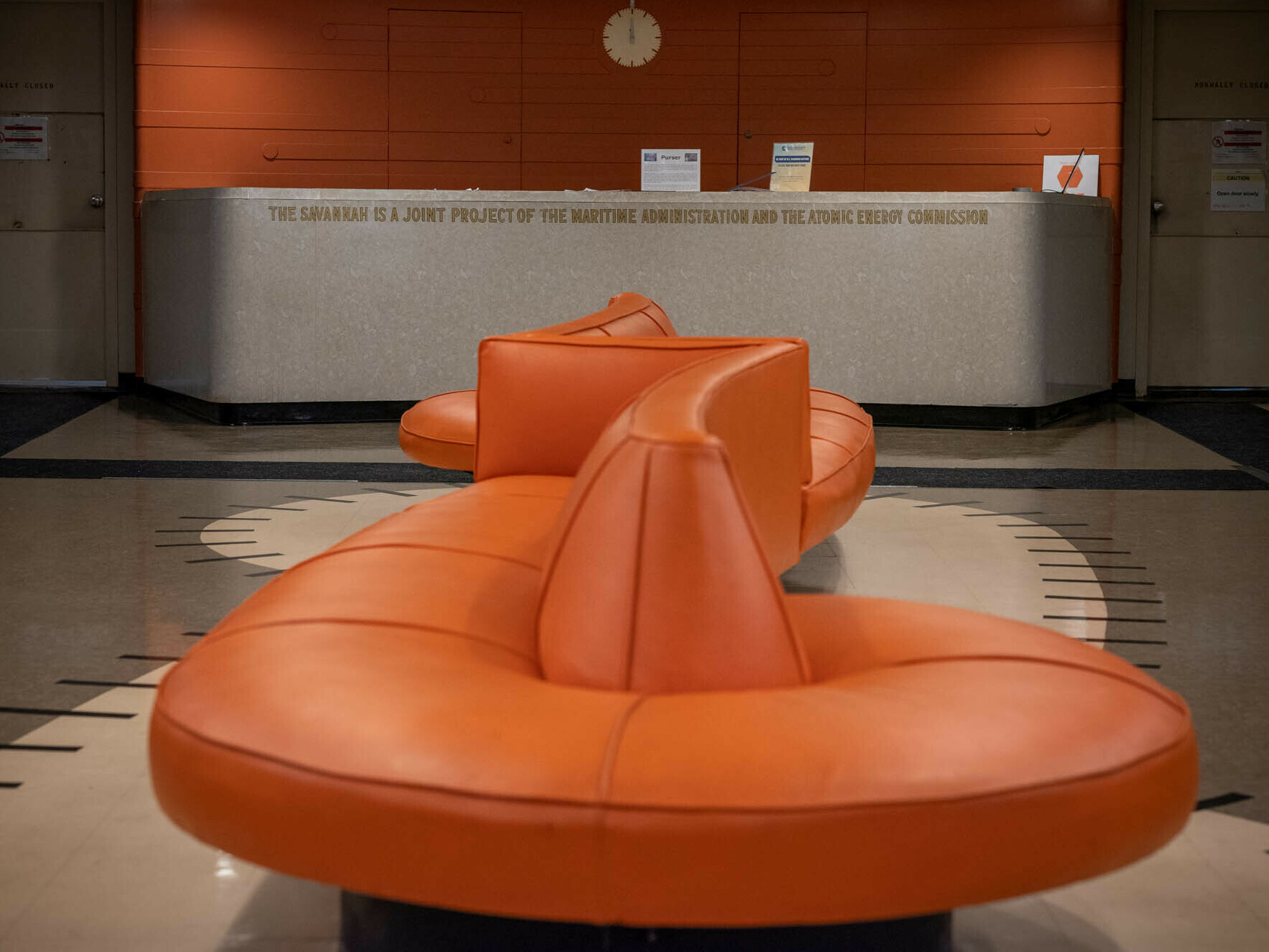 caption: The interior of the Savannah remains a time capsule of the mid-century era in which it operated. The main lobby of the cruise ship welcomed paying passengers from 1962 to 1965.