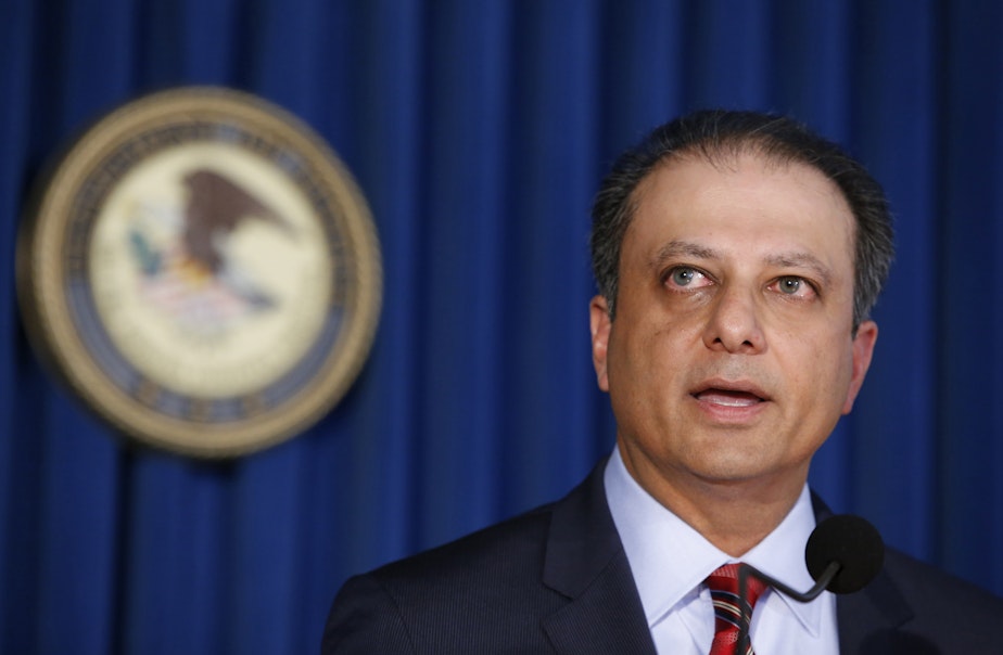 caption: FILE- In this Sept. 17, 2015 file photo, then U.S. Attorney Preet Bharara speaks during a news conference in New York.