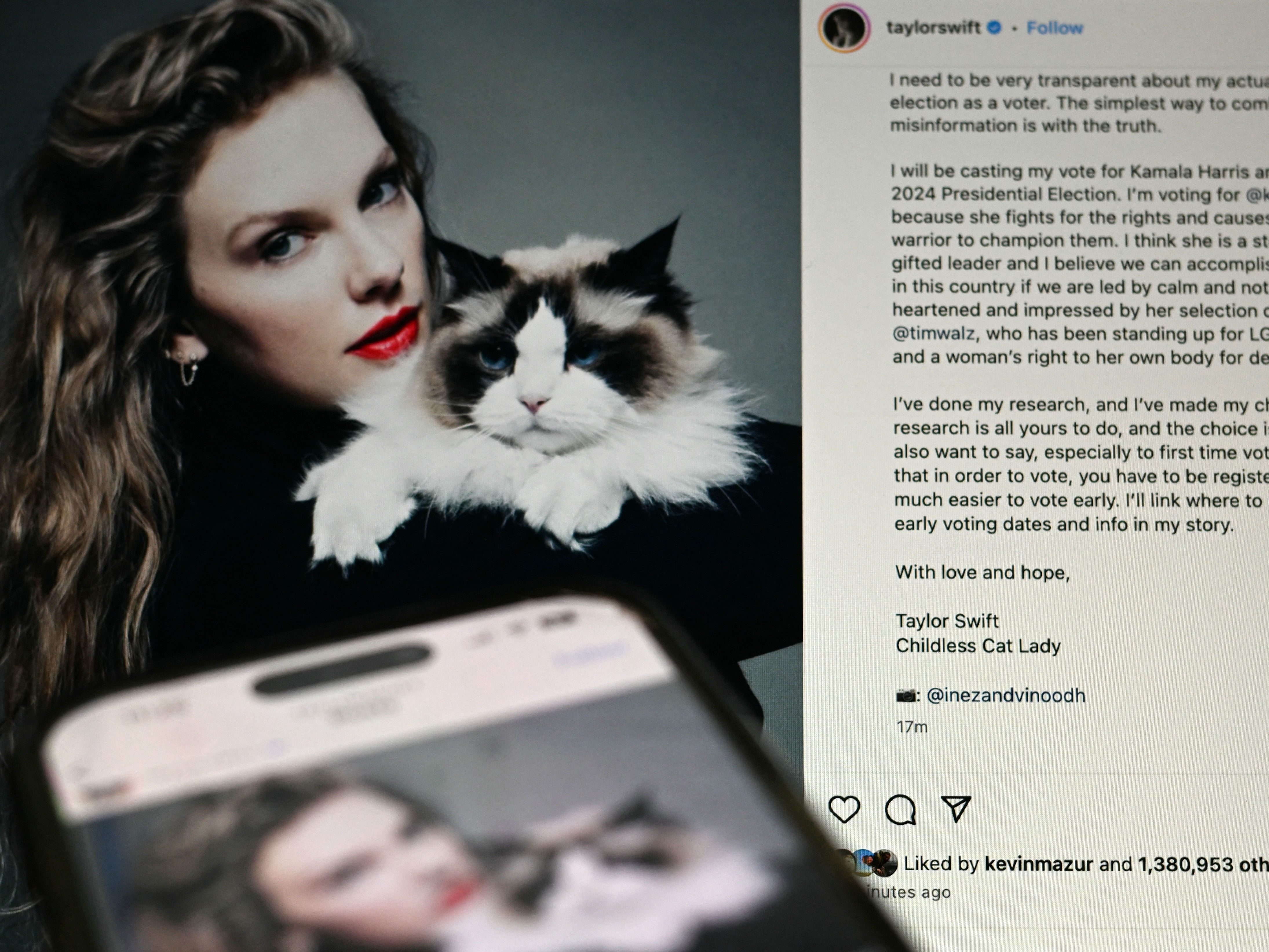 caption: Pop superstar Taylor Swift endorsed Kamala Harris for president <a href="https://www.instagram.com/p/C_wtAOKOW1z/">on Instagram</a> on Tuesday.