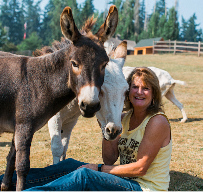 caption: Diane Gockel poses with some donkeys at the Sammamish Animal Sanctuary. 