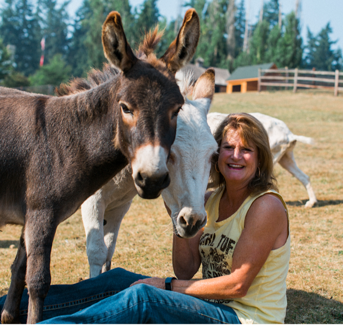 caption: Diane Gockel poses with some donkeys at the Sammamish Animal Sanctuary.