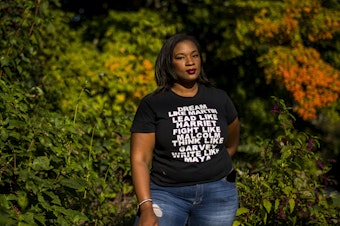 caption: Tanisha Long founded an unofficial Black Lives Matters chapter in Pittsburgh. She is actively campaigning for Joe Biden to win Pennsylvania, a key swing state in the election.