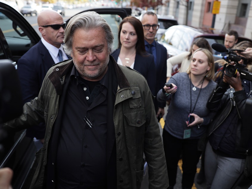 caption: Former White House senior counselor to President Donald Trump Steve Bannon leaves the E. Barrett Prettyman United States Courthouse after he testified at the Roger Stone trial on Nov. 8, 2019.