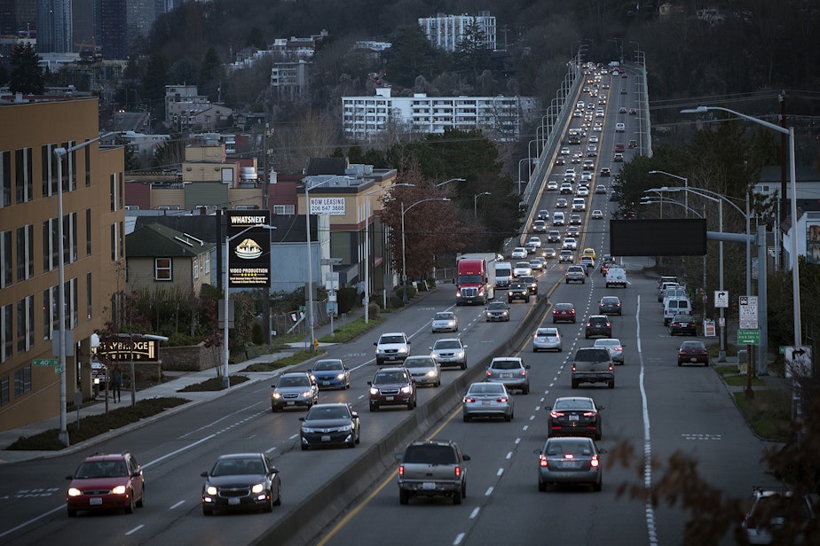 caption: Traffic is shown on Aurora Ave., on Monday, January 22, 2018, in Seattle. 
