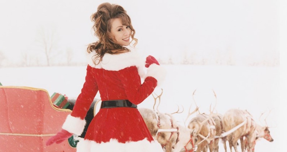caption: Mariah Carey throws it back for a classic - and now champion - Christmas song.