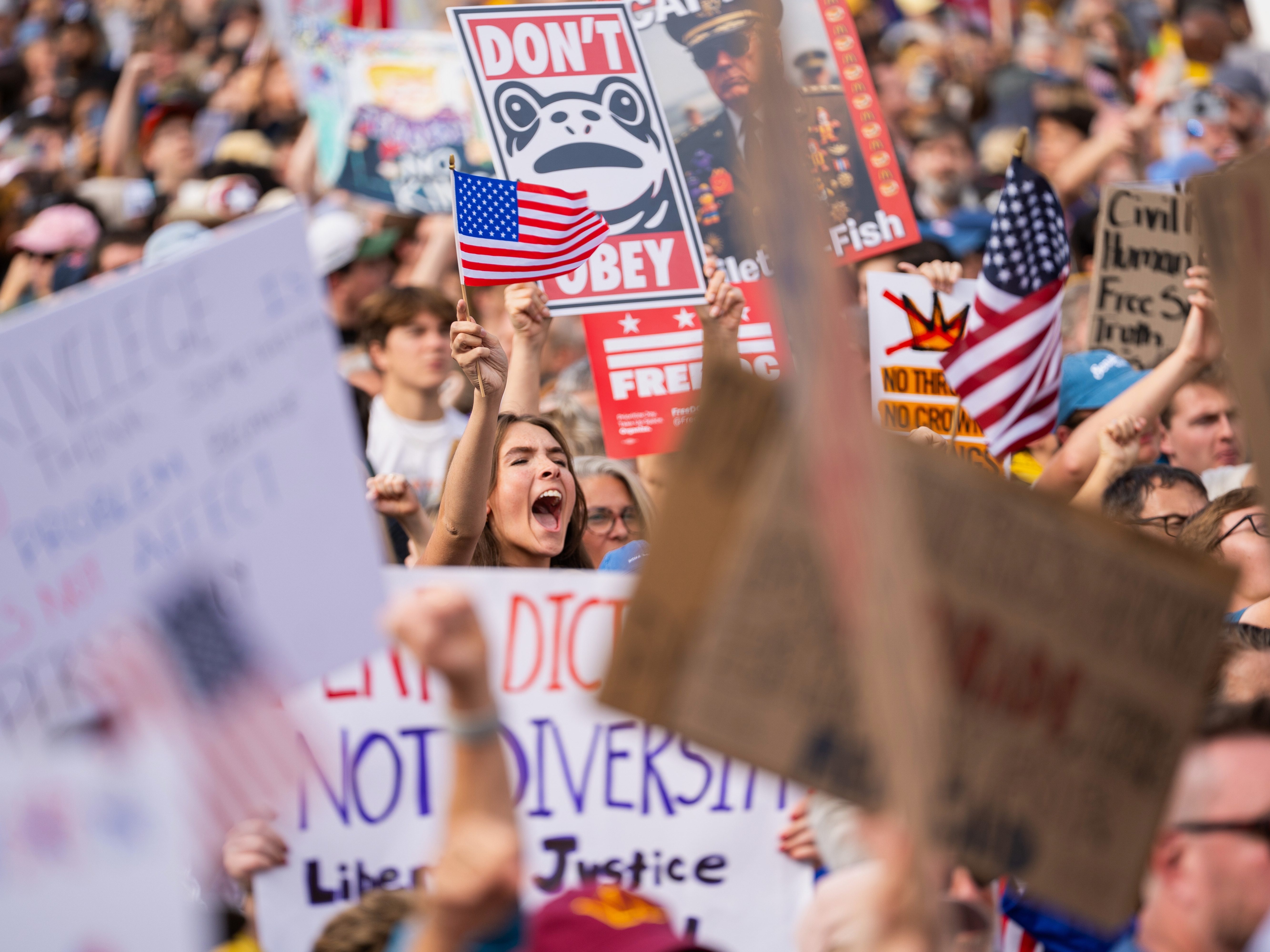 caption: Crowds gather to listen to Sen. Bernie Sanders, I-Vt., during a No Kings protest, Saturday, Oct. 18, 2025, in Washington.