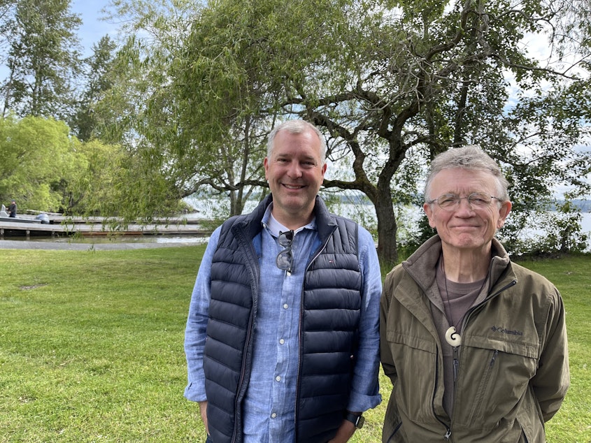 caption: Robert Johnson, left, and Leon Seaman with the View Ridge Community Council advocated for new public safety measures in Seattle's Magnuson Park.