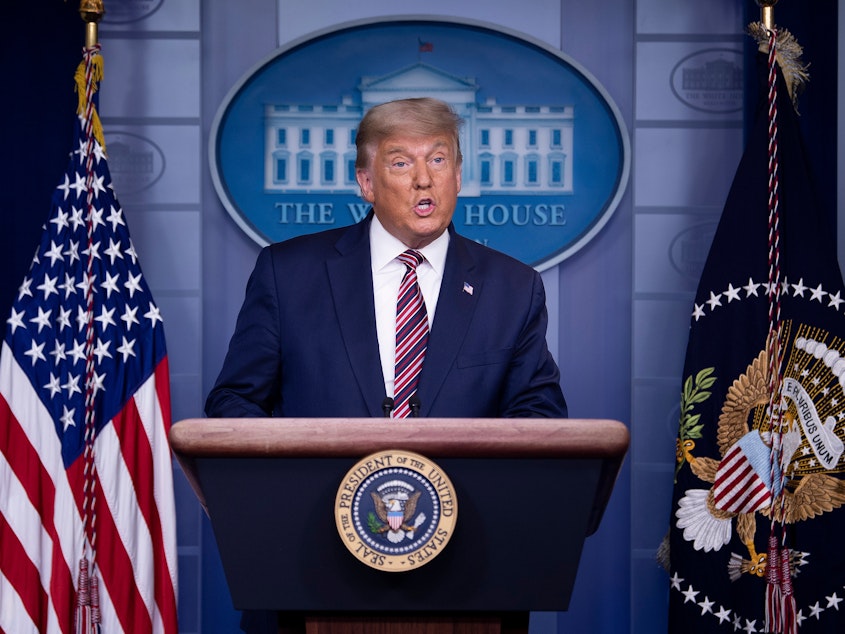 caption: President Trump speaks in the Brady Briefing Room at the White House on Thursday as the presidential election remains tight with Democratic nominee Joe Biden ahead in the electoral count.