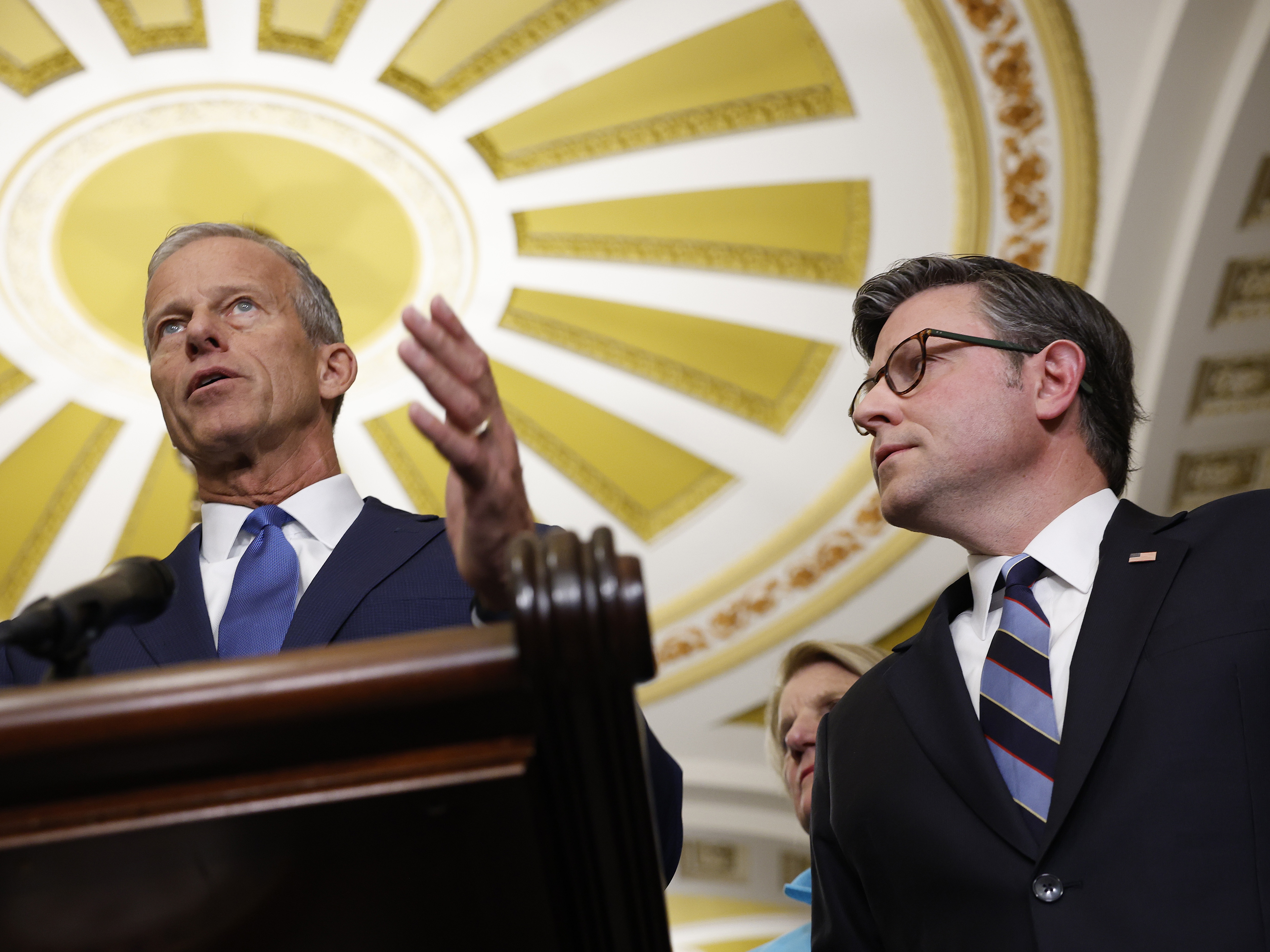 caption: Senate Majority Leader John Thune, R-S.D., joined by Speaker of the House Mike Johnson, R-La., speaks to members of the media on Oct. 7, 2025. The GOP leaders said Wednesday they have found a path forward to end the shutdown at the Department of Homeland Security.