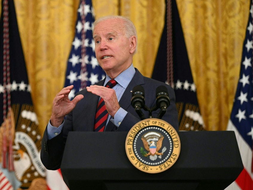 caption: President Biden speaks Tuesday about the importance of getting vaccinated against COVID-19.