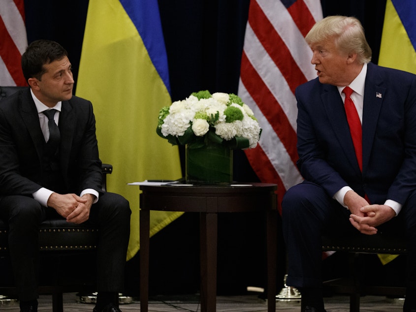caption: President Trump meets with Ukrainian President Volodymyr Zelenskiy on Wednesday in New York, where they were attending the U.N. General Assembly meeting.