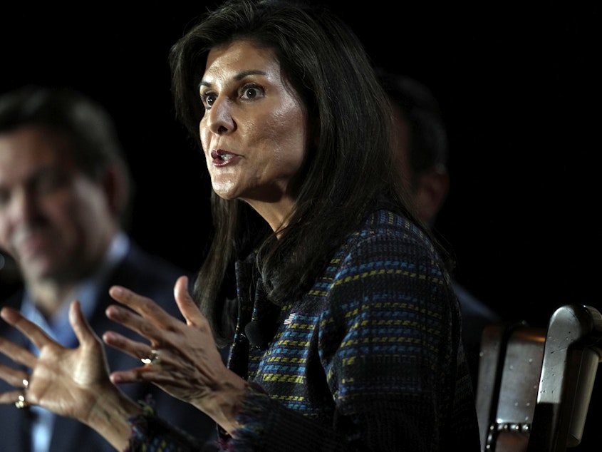 caption: Republican presidential candidate former U.N. Ambassador Nikki Haley speaks during the Family Leader's Thanksgiving Family Forum, Nov. 17 in Des Moines. On Tuesday, conservative mega-donors, the Koch network, signaled its endorsement of Haley as the super PAC they fund, Americans for Prosperity, backed the former S.C. governor.
