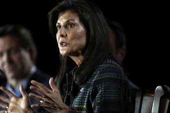 caption: Republican presidential candidate former U.N. Ambassador Nikki Haley speaks during the Family Leader's Thanksgiving Family Forum, Nov. 17 in Des Moines. On Tuesday, conservative mega-donors, the Koch network, signaled its endorsement of Haley as the super PAC they fund, Americans for Prosperity, backed the former S.C. governor.